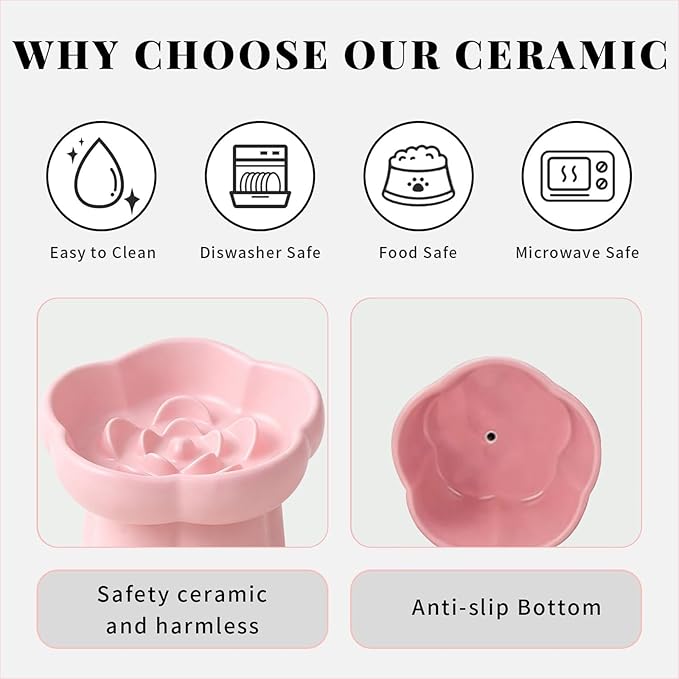 Cat Slow Feeder Flower-Shaped Ceramic Slow Feeder Cat Bowl, Tilted Raised Cat Slow Feeder Bowl for Whisker Relief, Prevents Vomiting & Bloating, Non-Slip Base, Cat Bowls for Dry and Wet Food - White