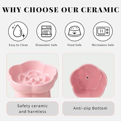Cat Slow Feeder Flower-Shaped Ceramic Slow Feeder Cat Bowl, Tilted Raised Cat Slow Feeder Bowl for Whisker Relief, Prevents Vomiting & Bloating, Non-Slip Base, Cat Bowls for Dry and Wet Food - White