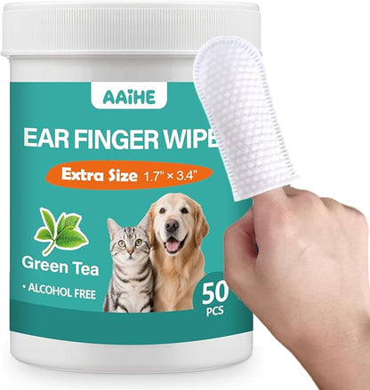 Extra Large Dog Ear Finger Wipes,Gently Remove Ear Wax & Dirt,Relieve Ear Itching. All Natural Ingredients Dog Ear Wipes.Safe & Gentle Ear Wipes for Dog & Cat - 50 Count Green