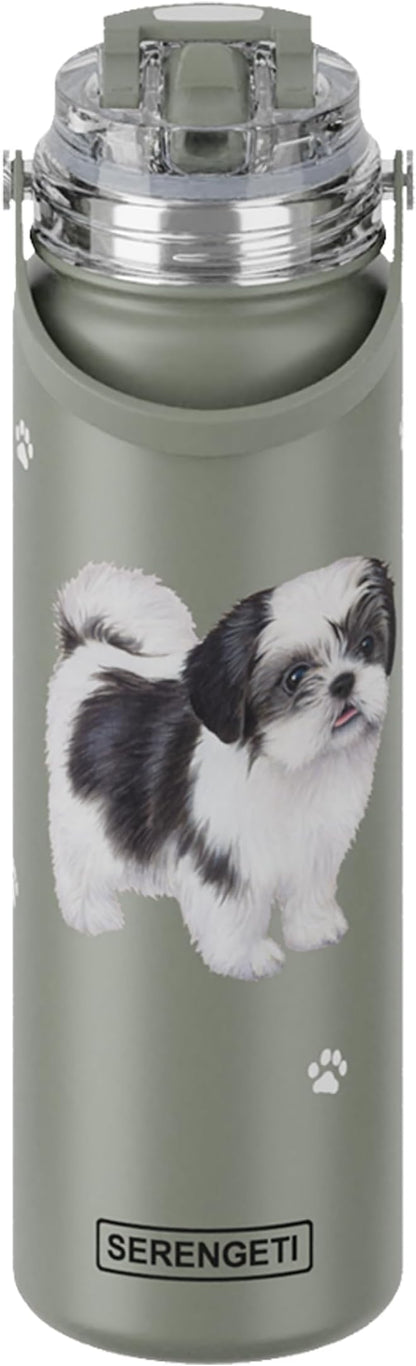SERENGETI 24 Oz Water Bottle Stainless Steel with Spill Proof Lid - Double walled Vacuum Insulated water flask - Realistic 3D Print of your favorite dog (Shih Tzu Black)
