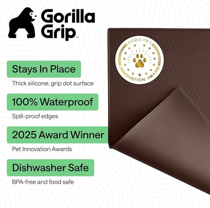 GORILLA GRIP 100% Waterproof Raised Edge BPA Free Silicone Pet Feeding Mat, Dog Cat Food Mats Contain Spills Protects Floors, Placemats for Cats and Dogs Water Bowl, Pets Accessories 18.5x11.5 Brown