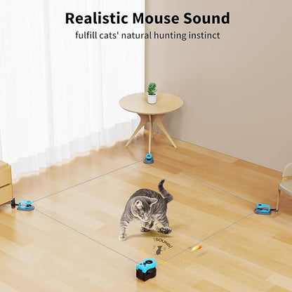 AsFrost Upgraded Interactive Cat Toy for Indoor Cats, Auto/Manual Control DIY Cat Feather Mouse Toy Treadmill for Bored Kitten Puppy Play Chase Run Exercise Hunting Mental Stimulation-Sky Blue