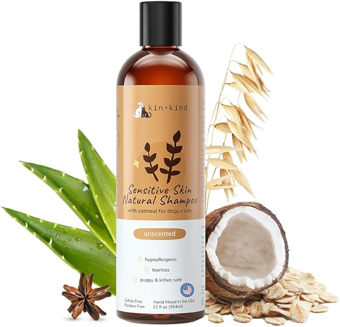 kin+kind Sensitive Skin Natural Dog and Cat Shampoo - Gentle Oatmeal Clean - Fragrance Free - 12 fl oz