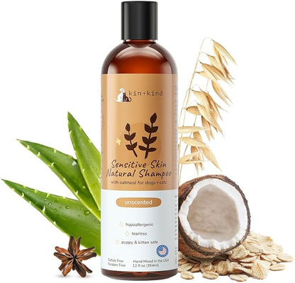 kin+kind Sensitive Skin Natural Dog and Cat Shampoo - Gentle Oatmeal Clean - Fragrance Free - 12 fl oz