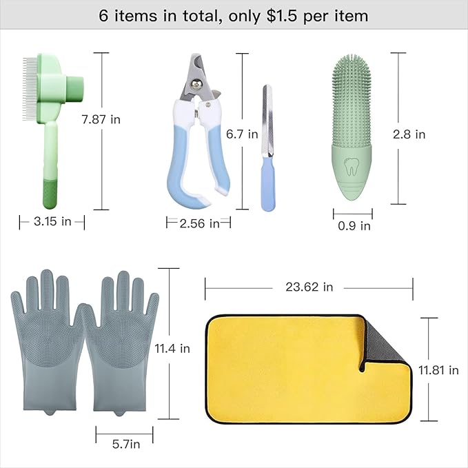 Cat Grooming Kit- 6PCS include Dog Brush For Shedding,Cat Combs For Indoor Cats,Puppy Quick-Drying Towel, Dogs Washing Gloves, Dog & Cat Pets Nail Clippers and Trimmers,Reusable.