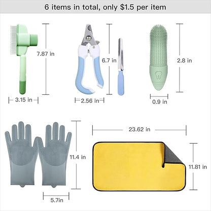 Cat Grooming Kit- 6PCS include Dog Brush For Shedding,Cat Combs For Indoor Cats,Puppy Quick-Drying Towel, Dogs Washing Gloves, Dog & Cat Pets Nail Clippers and Trimmers,Reusable.