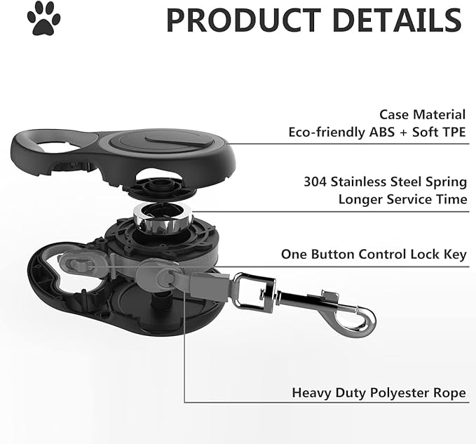 Dual Retractable Dog Leash for 2 Dogs (Grey) - 16ft Heavy Duty Leash with One Button Lock & 360° Tangle-Free Design, for Medium/Large Dogs up to 110lbs/50kg