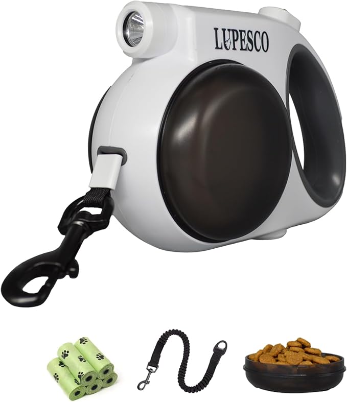 Retractable Dog Leash – 13ft Tangle-Free Lead with Bungee Extender, LED Flashlight, Dual Bowls for Food & Water, Poop Bag Dispenser (Includes 5 Rolls) – for Outdoor Walking Dogs up to 55 lbs