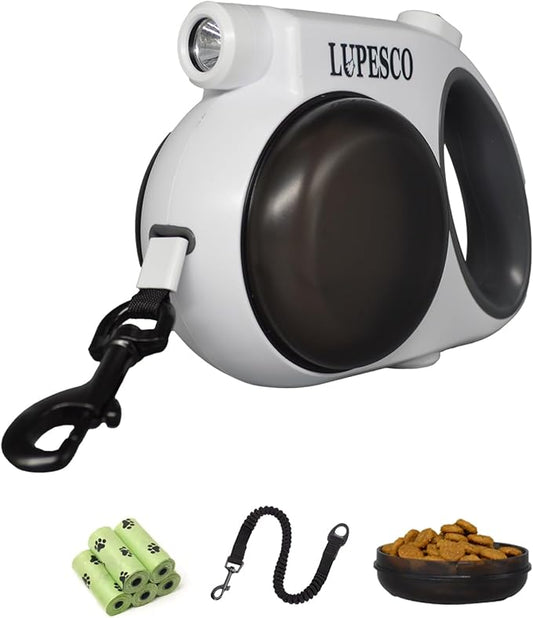 Retractable Dog Leash – 13ft Tangle-Free Lead with Bungee Extender, LED Flashlight, Dual Bowls for Food & Water, Poop Bag Dispenser (Includes 5 Rolls) – for Outdoor Walking Dogs up to 55 lbs