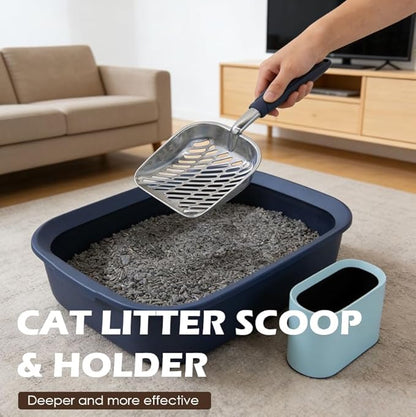 Aluminum Cat Litter Scoop in Holder, Non-Stick Cat Poop Scooper with Holder, Fast Sifting Kitten Poop Lifter and Caddy