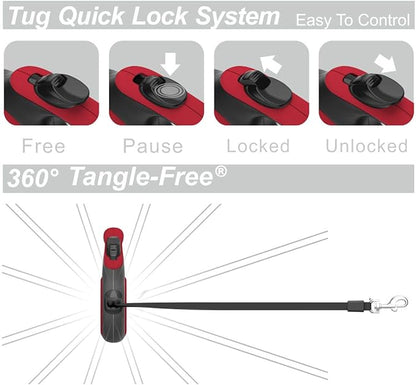 TUG 360° Tangle-Free Retractable Dog Leash with Anti-Slip Handle | 16 ft Strong Nylon Tape | One-Handed Brake, Pause, Lock (Large, Red)