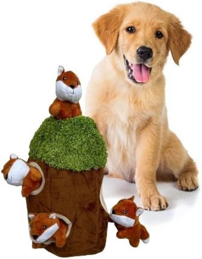 Fox in Tree Hide and Seek Dog Toy for Small and Medium Size Dogs, Plush Fox Inside Trunk Dog Toy with Squeaker, Interactive Burrow Toy (Tree with Fox, Medium)