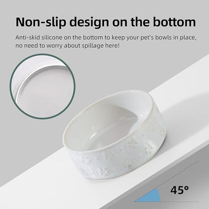 Ceramic 5.1inch Raised Double Bowls Set with Acacia Wood Stand, 2 Heights Elevated, Food & Water Bowls for Puppy, Kitty, Cats(13.5oz, Arctic White)