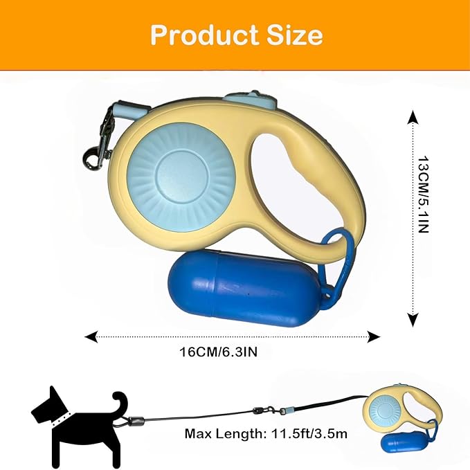 Double Dog Leash for Walking 2 Small Dogs (Up to 33 Lbs Each), Dual Retractable 9.8ft Extendable Strong Nylon Tape Pet Leash with Poop Bags, One-Handed Brake, Pause, Lock (Blue)