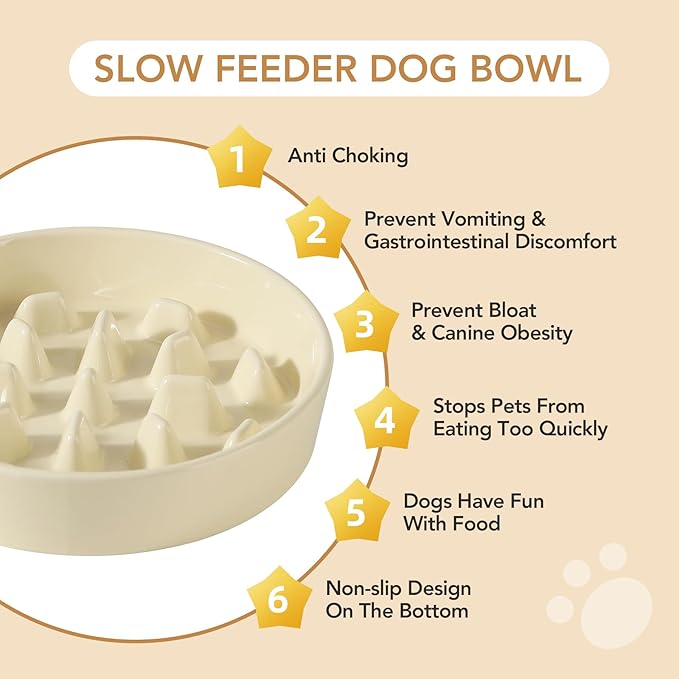 Ceramic 3.2 Cup Raised Slow Feeder Dog Bowl Set, Elevated 8.2inch Bowl and 9.5inch Slow Pet Food Dish with Wooden Stand for Large Dog (2 xLight Yellow+ Stand)
