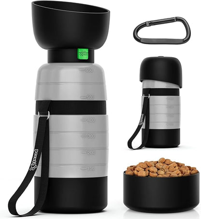 Pecute Upgraded 22 oz Dog Water Bottle with 5 oz Food Container, Portable Dog Travel Water Bottle Dispenser, Leakproof, BPA Free, Lightweight, Pet Water Bottle Bowl for Outdoor Walking Hiking Camping