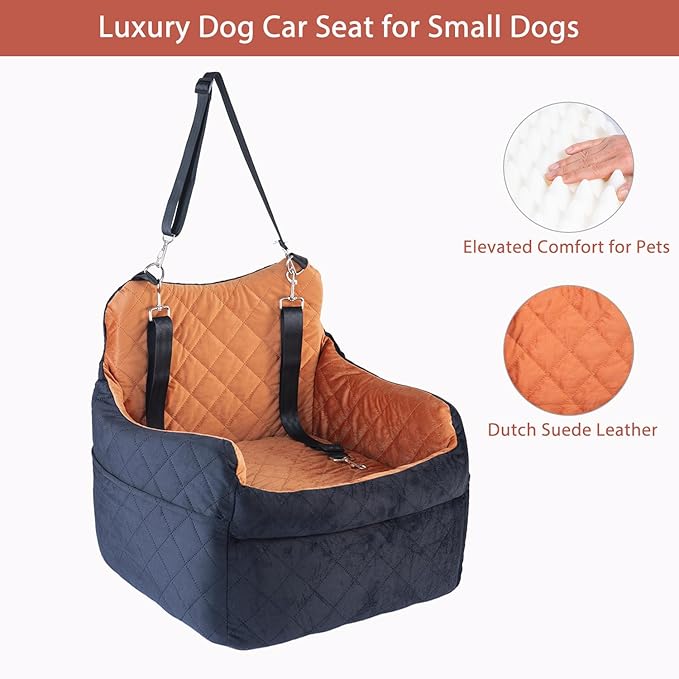 Elevated Dog Car Seat for Small Dogs – Luxurious Dutch Suede Leather Pet Booster with Adjustable Safety Leash, Non-Slip Base, Washable Cover, Cozy Travel Bed for Pets up to 30 lbs