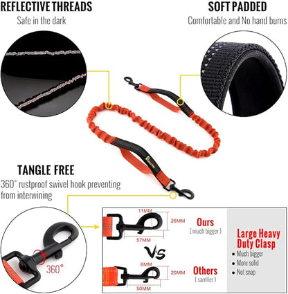 Plutus Pet Hands Free Dual Handle Retractable Bungee Leash with Reflective Stitches, Adjustable Waist Leash for Dog Walking Running Jogging, Medium Large Dogs