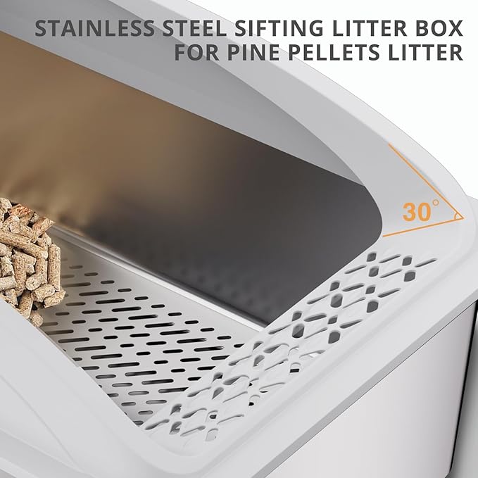 23.6"x15.7"x13.78" Stainless Steel Sifting Litter Box with Lid, XL Sifting Design for Pine Pellets, High Sides Metal Litter Box for Big Cats 7.9in Deep, Easy-to-Clean, Non-Stick