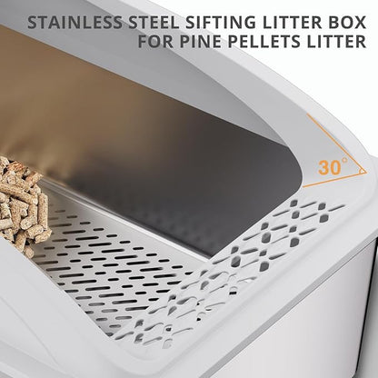 23.6"x15.7"x13.78" Stainless Steel Sifting Litter Box with Lid, XL Sifting Design for Pine Pellets, High Sides Metal Litter Box for Big Cats 7.9in Deep, Easy-to-Clean, Non-Stick