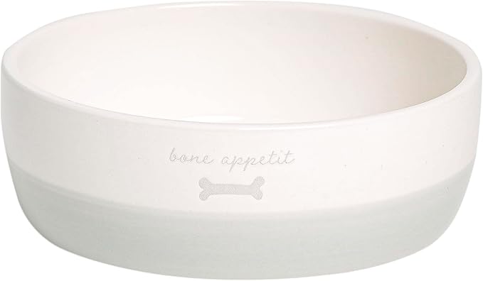 Pearhead Ceramic Bone Appétit Dog Bowl, Stoneware Food and Water Dish, Grey and White Pet Feeder, Small/Medium 2.25 Cups/ 18 oz