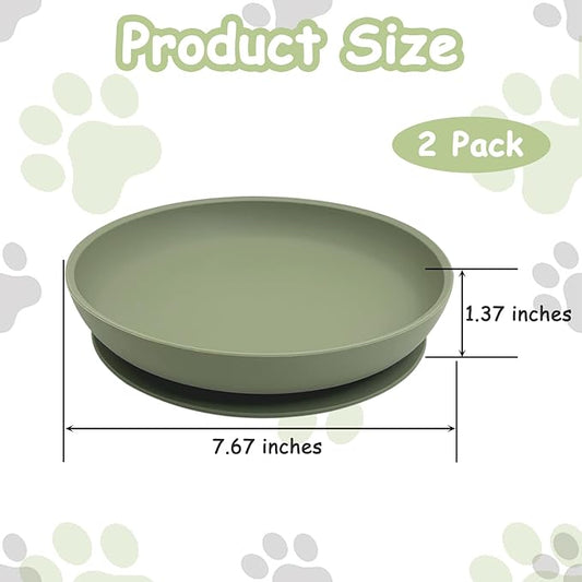 Silicone Dog Bowl Set of 2-7.7in No Spill Puppy Food and Water Dish Less Mess Cat Plates with Suction Cup Non-Tippable Feeding Bowls for Small & Medium-Sized Pets (Round Green)