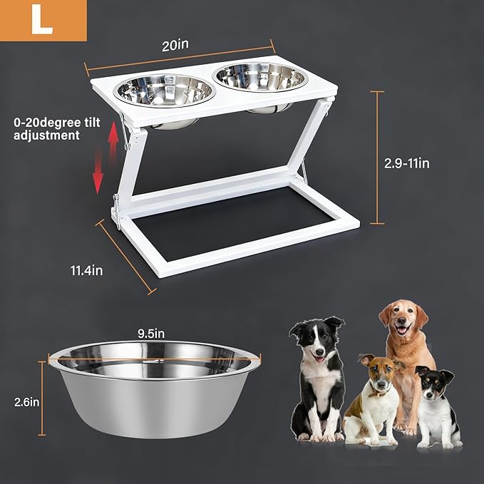 Elevated Dog Bowls for Large Medium Dogs, 3 Heights Adjustable Raised Dog Bowl Stand with 2 Stainless Steel Food Bowls 20°Tilted Elevated Easy to Clean Water Bowl (White, Large)