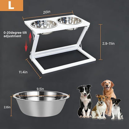 Elevated Dog Bowls for Large Medium Dogs, 3 Heights Adjustable Raised Dog Bowl Stand with 2 Stainless Steel Food Bowls 20°Tilted Elevated Easy to Clean Water Bowl (White, Large)