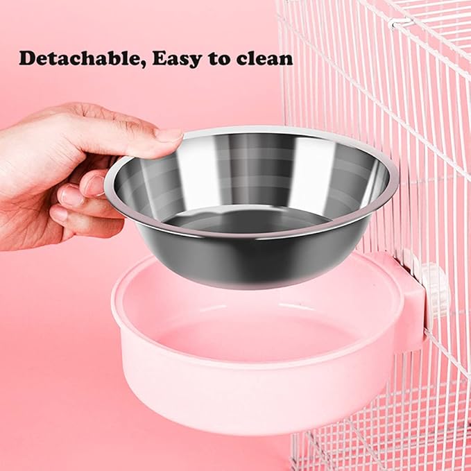 Love Dream Crate Dog Cat Bowls, Removable Stainless Steel Hanging Pet Cage Bowls Kennel, Food Water Feeder with Bolt for Puppy Rabbits Birds 2 Pack with Silicone Sponge Dish Brush