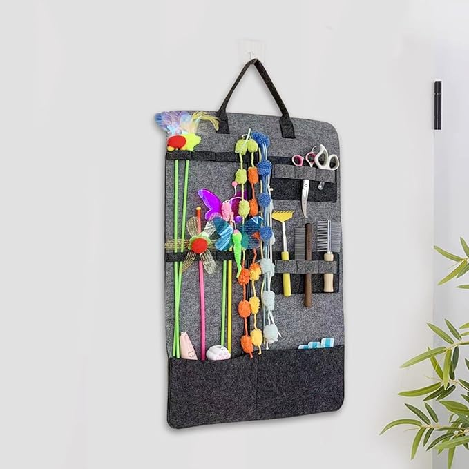 OLizee® Wall Mounted Cat Wand Toy Storage Bag Felt Cat Feather Toys Organizer Cat Teaser Wand Holder Cat Toy Storage Bag for Indoor
