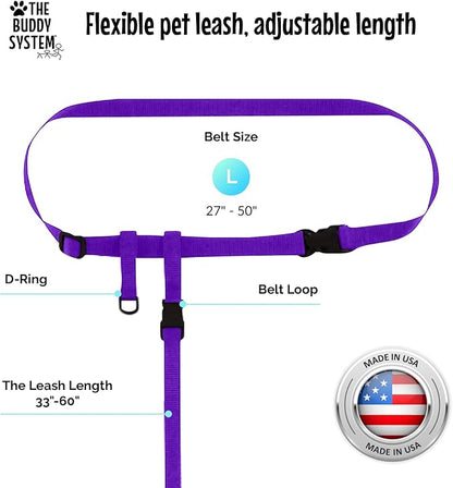 The Buddy System Hands Free Dog Leash, Adjustable Leash for Running, Jogging, Training and Service Dogs, Great for Small, Medium and Large Dogs, Made in USA (Purple, Small Dog System (Large Belt))