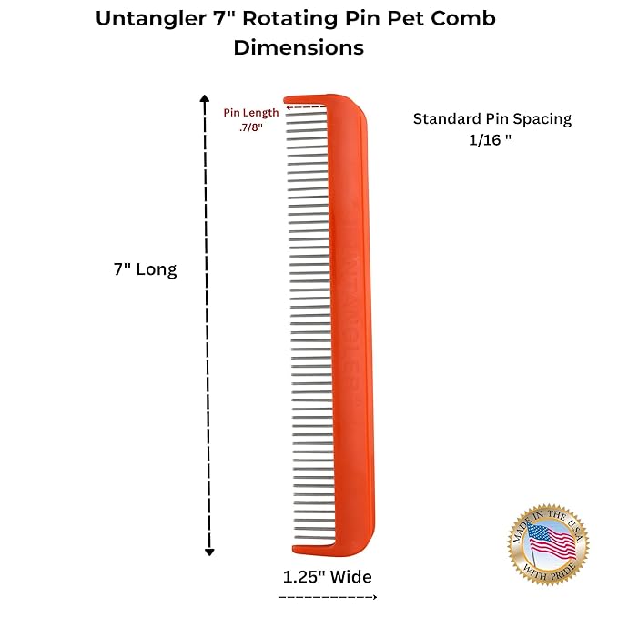 Pet comb for easy mat removal - silky smooth rotating teeth untangles without causing pain to pets (7", Orange Coral)