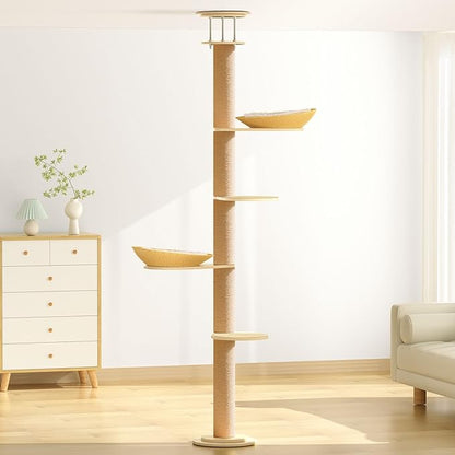 Tinnmao Solid Real Wood Floor to Ceiling Cat Tree, 5 Level Adjustable Height (75"-91"), Modern Climbing Tower with Thickened Wooden Sisal Scratching Posts & Cozy Bed for Indoor Cats Large Adult