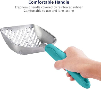 WePet Cat Litter Scoop, Aluminum Alloy Sifter, Kitty Metal Scooper, Deep Shovel with Diagonal Sifting Hole, Long Handle, Kitten Poop Lifter for Litter Box, Medium Size, Green Handle
