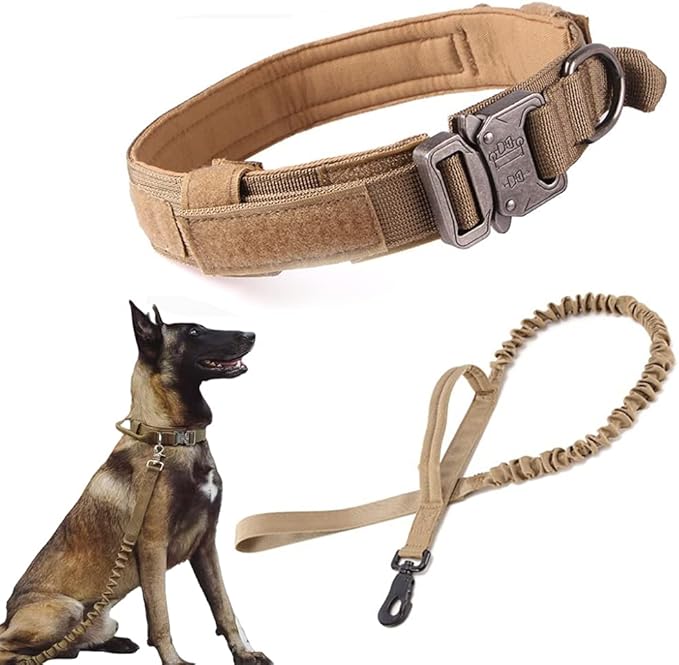 Xqpetlihai Tactical Dog Collar and Leash Set Adjustable Military Nylon Dog Collar with Control Handle and Heavy Duty Metal Buckle for Large Dogs（Brown XL
