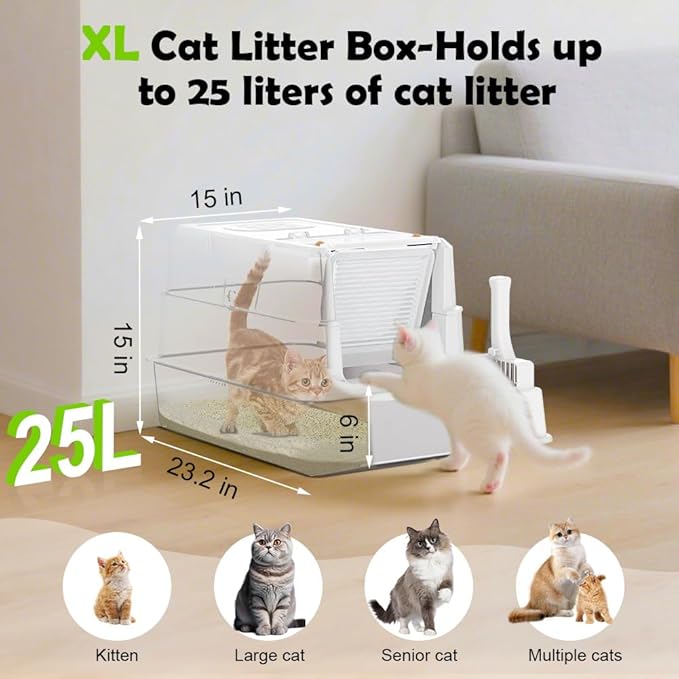 SZEE Stainless Steel Cat Litter Box with 180°Flip-Top Lid, Easy Clean XL Enclosed Litter Box, Large Covered Steel Cat Box with Scoop, Odor Control and Anti-Urine Leakage, 23.2 * 15 * 15 Inch, White