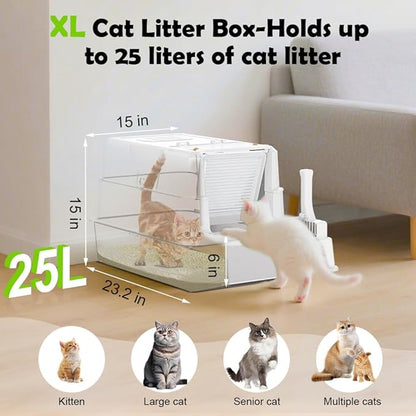 SZEE Stainless Steel Cat Litter Box with 180°Flip-Top Lid, Easy Clean XL Enclosed Litter Box, Large Covered Steel Cat Box with Scoop, Odor Control and Anti-Urine Leakage, 23.2 * 15 * 15 Inch, White