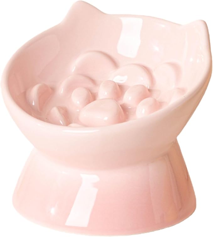 Macarons Series Ceramic Slow Feeder Cat Bowl, Raised Puzzle Feeder, Anti Vomiting Cat Slow Feeding, Elevated Food Bowl, Whisker Friendly Pet Bowl with Cute Ear Design (Gradient Pink)
