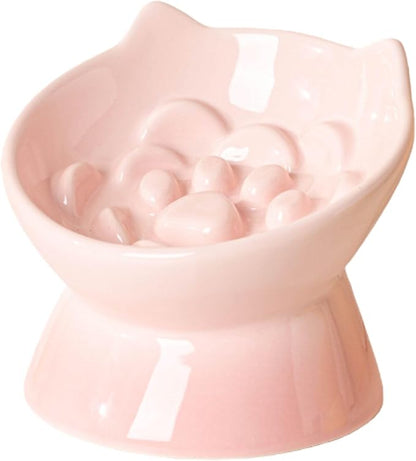 Macarons Series Ceramic Slow Feeder Cat Bowl, Raised Puzzle Feeder, Anti Vomiting Cat Slow Feeding, Elevated Food Bowl, Whisker Friendly Pet Bowl with Cute Ear Design (Gradient Pink)