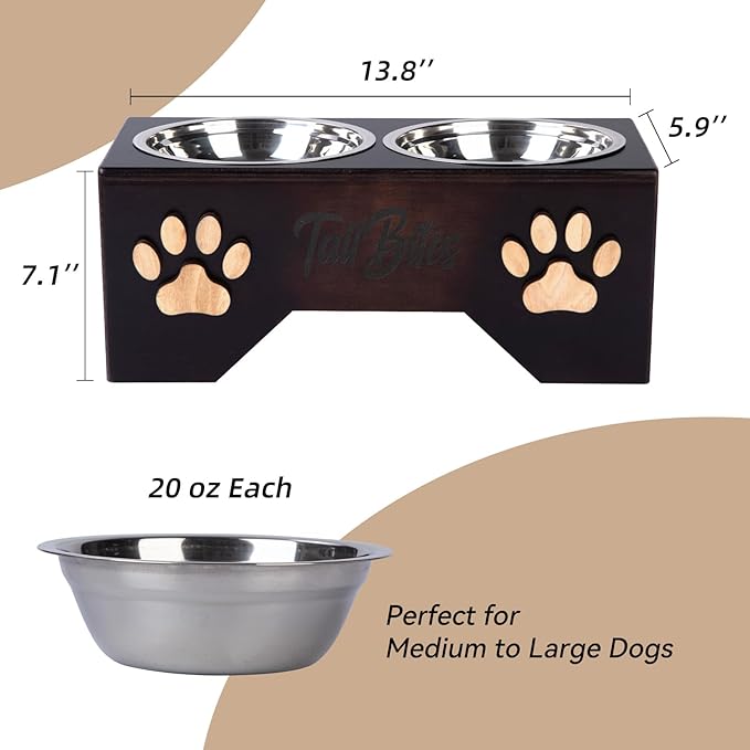Raised Dog Bowls for Medium & Large Dogs – Wooden Elevated Dog Feeder Stand with 2 Stainless Steel Bowls + Chew Treat (14” x 7” x 6”)