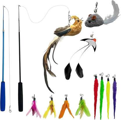 Interactive Cat Wand Toy Set, 11 PCS Retractable Wand Toys for Indoor Cats, Refills Attachment - Feather Toys, Plush Birds，Mice, Insects, and Swallows for Play Chase Exercise