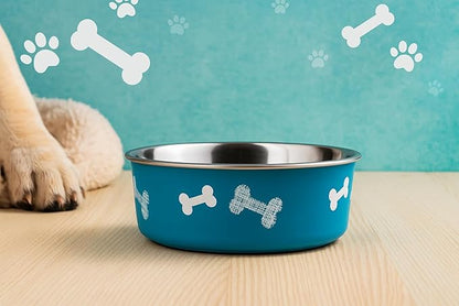 Printed Teal Blue Stainless Steel Dog Bowl with Anti-Skid Base, 15.89 oz | Food & Water Bowl for Small Dogs, Puppies & Cats, Durable Metal Pet Bowl
