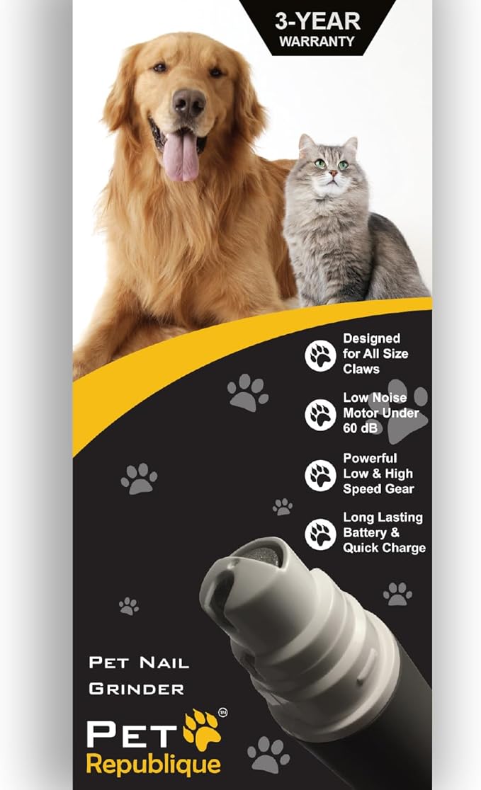 Dog Nail Grinder by Pet Republique - 2 Speed Electric Rechargeable Nail Grinder - Gentle, Quiet, Low, Painless Nail Trimmer - Multi-Setting Grinder for Any Small or Medium Dog, Cat, and Pet Claw