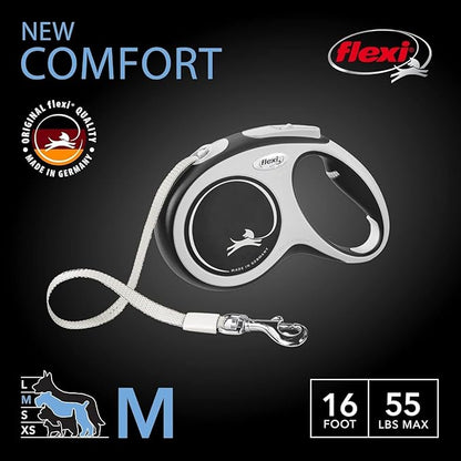 FLEXI New Comfort Tape Retractable Dog Leash for Medium Dogs upto 55 lbs. – 16 ft., Grey/Black Tangle Free Pet Walking Leash with One-Handed Brake, Pause, Lock German Quality Product.