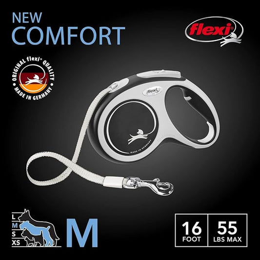 FLEXI New Comfort Tape Retractable Dog Leash for Medium Dogs upto 55 lbs. – 16 ft., Grey/Black Tangle Free Pet Walking Leash with One-Handed Brake, Pause, Lock German Quality Product.