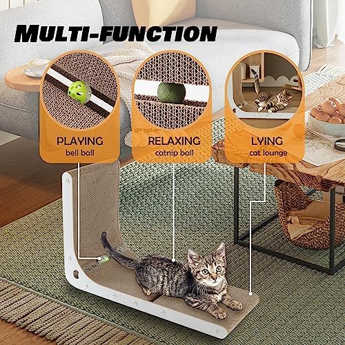 SMARTBEAN Cardboard Cat Scratcher, Vertical Cat Scratching Board, 23.6 Inch L-Shape Cat Scratch Pads with Built-in Catnip Toy Balls, Wall-Mount Cat Scratchers for Indoor Cats - Image 3