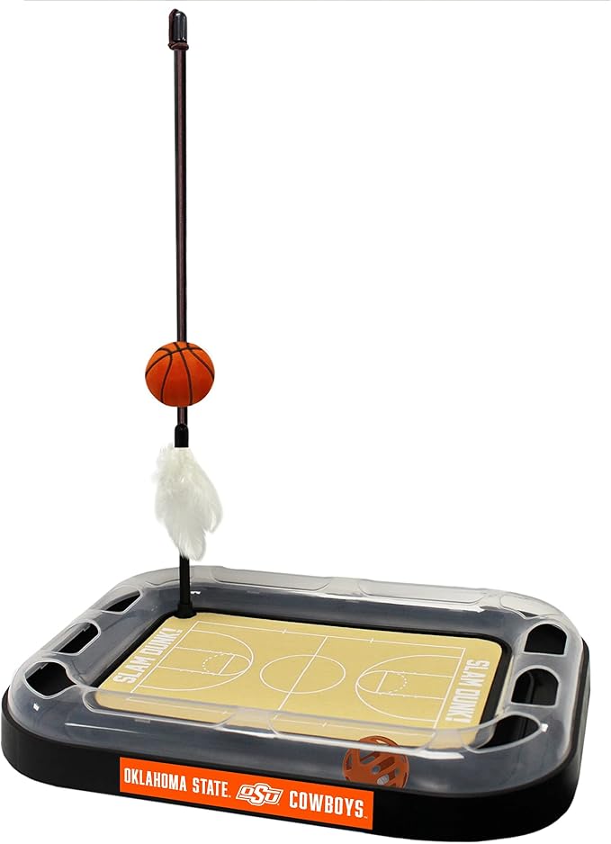 Cat Scratch Toy NCAA OKLAHOMA STATE Cowboys REVERSIBLE Basketball Court Felt/Cardboard Cat Scratcher Toy with Interactive Cat Ball Bell. 6-in-1 CAT TOY Cat Wand Poll CATNIP-FILLED Plush Basketball Toy