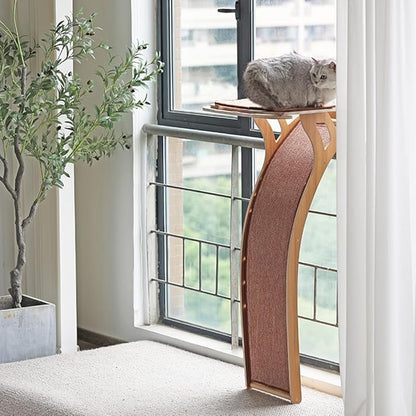 JKXJKX 47" Floor Standing Cat Window Perch with Curved Scratching Ramp, 80 Lbs Heavy Duty Window Bed Seat with Suction Cups, Climbing Tree Furniture for Indoor Cats Bird Watching