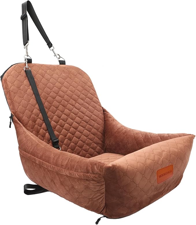 Wooaidagg Dog Car Seat for Small Dogs,Covered Soft Fabric and Fill in Memory Foam,Easy to Assemble and Fully Detachable,2 Clip-On Safety Leashes and Storage Pockets(Brown)
