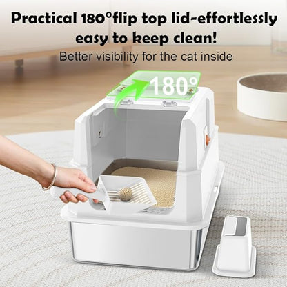 SZEE Stainless Steel Cat Litter Box with 180°Flip-Top Lid, Easy Clean XL Enclosed Litter Box, Large Covered Steel Cat Box with Scoop, Odor Control and Anti-Urine Leakage, 23.2 * 15 * 15 Inch, White
